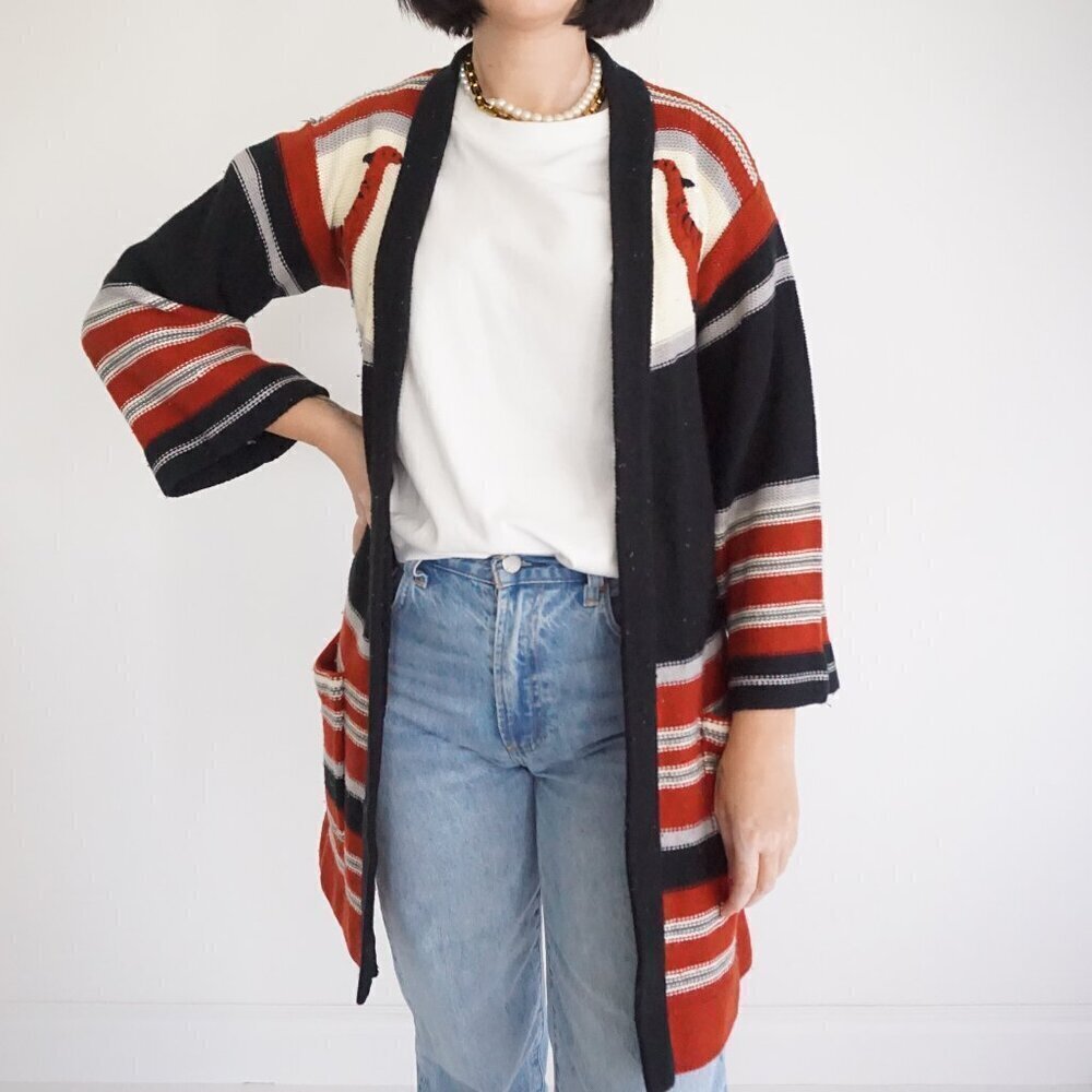 Vintage Teasers Red Black Knit Embroidered Giraffes Open Front Cardigan S